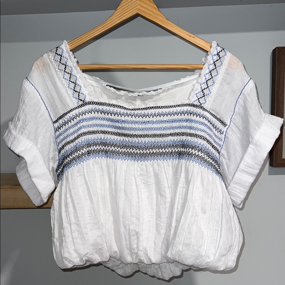 Free People Wandering Skies Blouse white and blue smocked Peasant Top